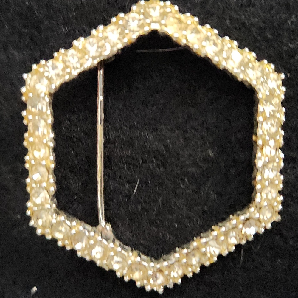 LEDO vintage pin signed  brooch octagon shape, rhinestones,  silvertone